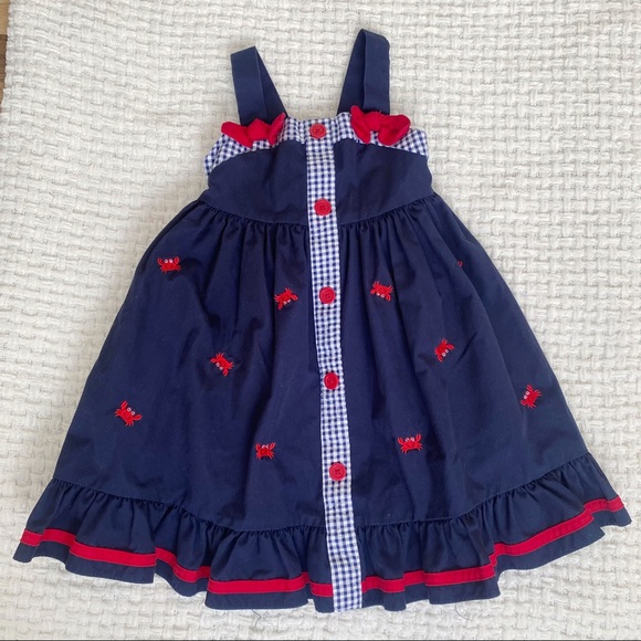 Good lad embroidered crab gingham bow dress navy blue red white nautical sz 4 - Picture 2 of 4